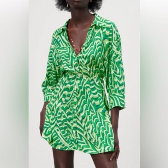 Zara Retro Vibes Green Print Dress Size Medium - Picture 1 of 12